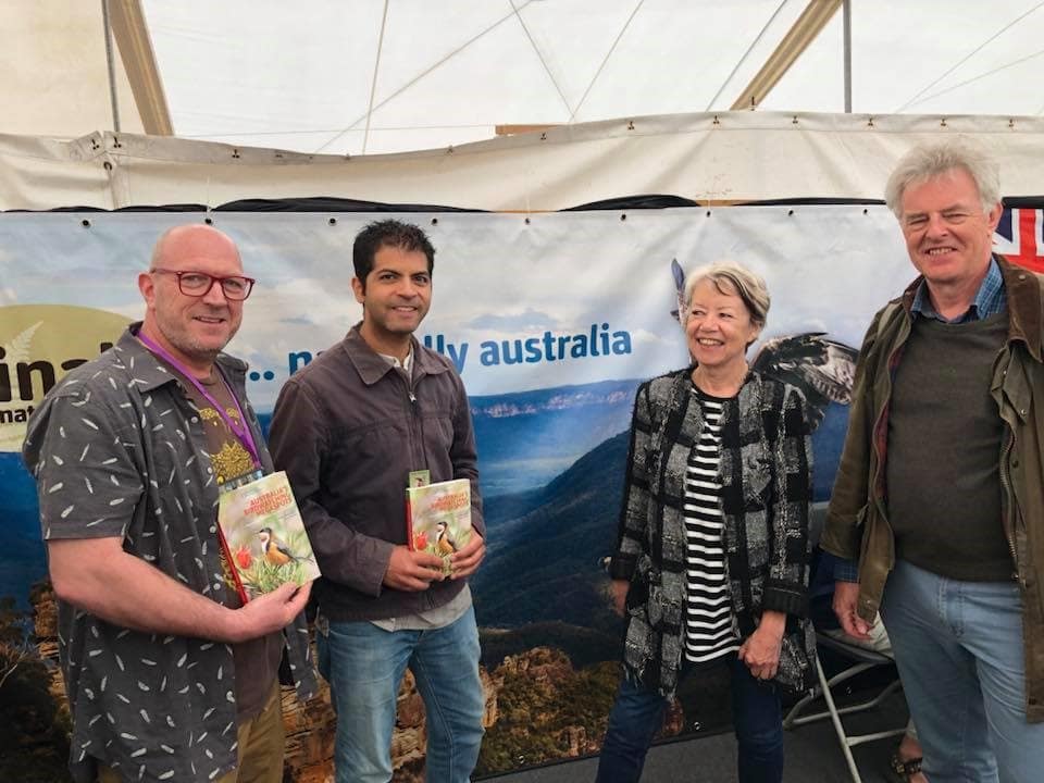 Peter Rowland and Aniket Sardana (founders of Australia’s Wildlife Group) with John Beaufoy and Rosemary Wilkinson of John Beaufoy Publishing promoting the book at the Australia stand at the UK Birdfair at Oakham